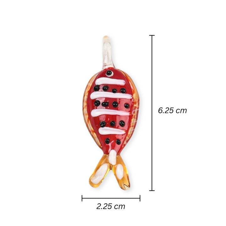 Medidas para Dije grande de murano en forma de pez rojo con puntos negros y rayas blancas