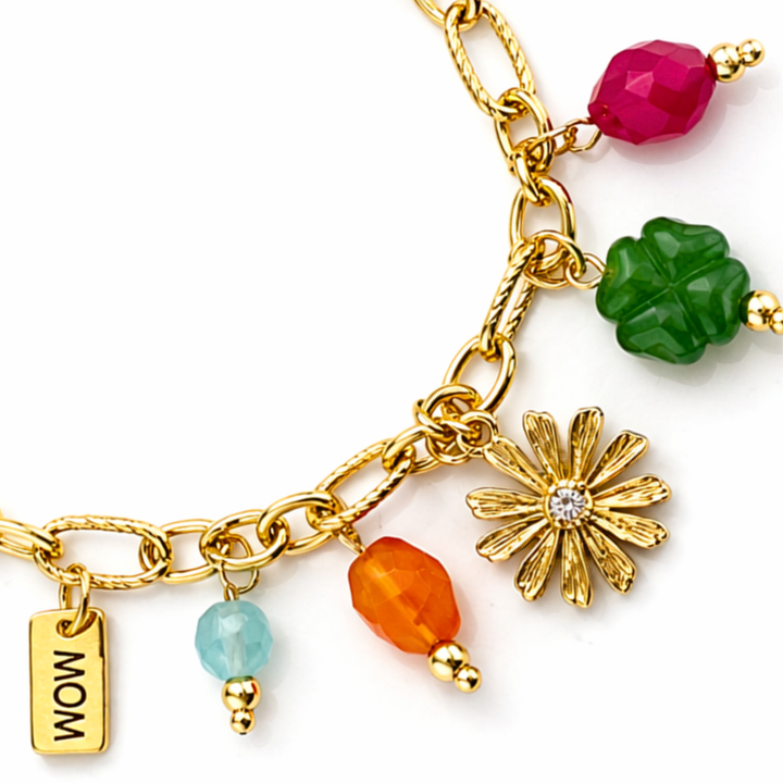 Detalles de Brazalete de mamá con jade, ágata, flor con zirconia y dije MOM de acero inoxidable