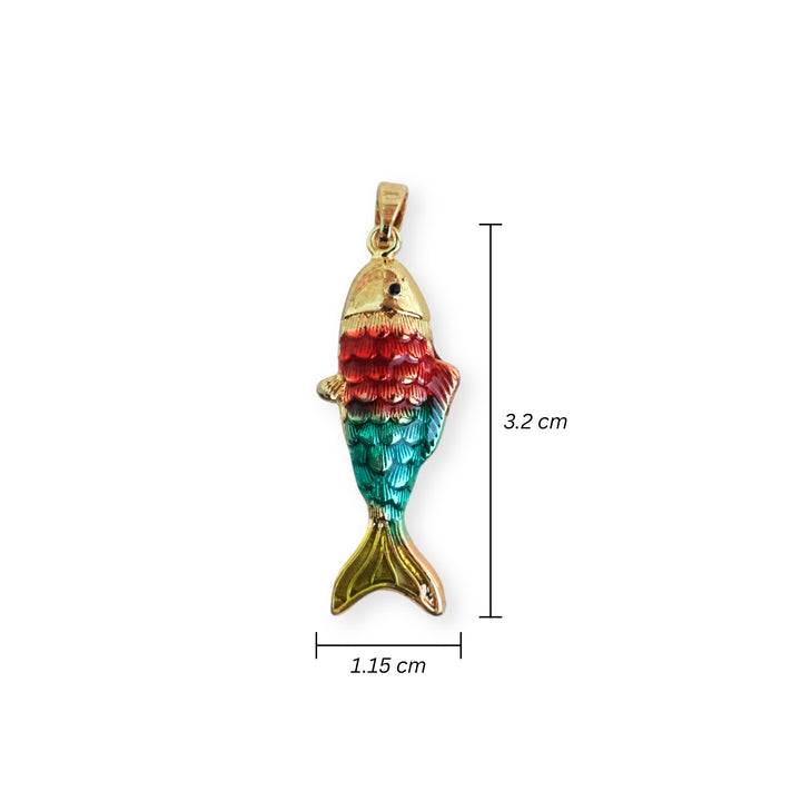Medidas para dije de pez esmaltado en rojo y azul con acabado dorado