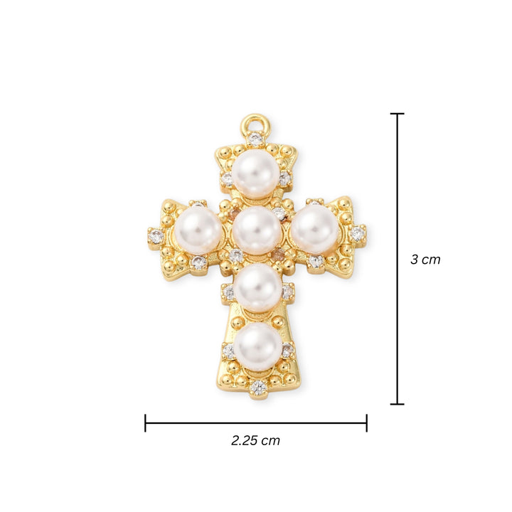 Medidas para Dije de cruz de chapa de oro con zirconia y perla sintética
