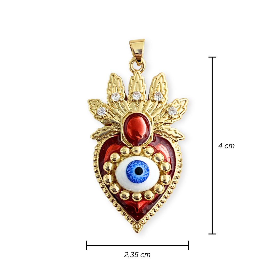 Medidas para Dije Sagrado Corazón de chapa de oro con ojo, zirconia y esmalte