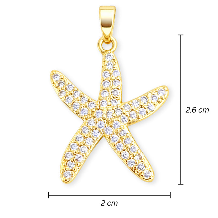 Medidas para Dije de estrella de mar en chapa de oro con zirconias sobre fondo blanco