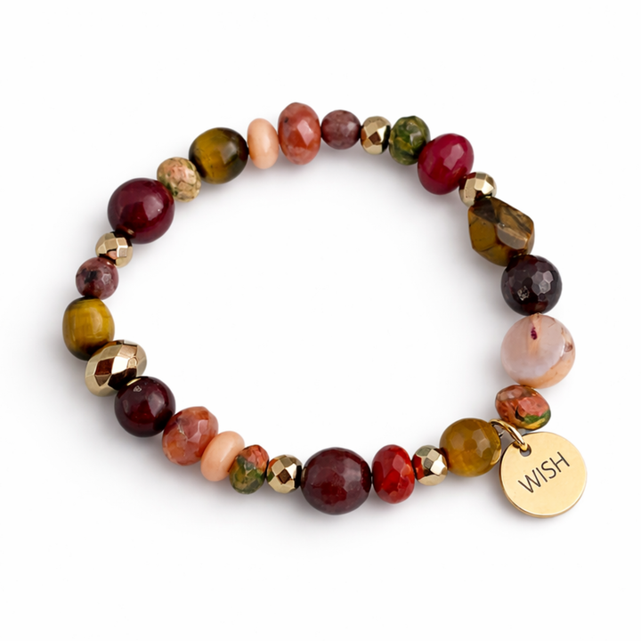 Detalles de Brazalete elástico con piedras naturales, hematita y dije Wish de acero inoxidable