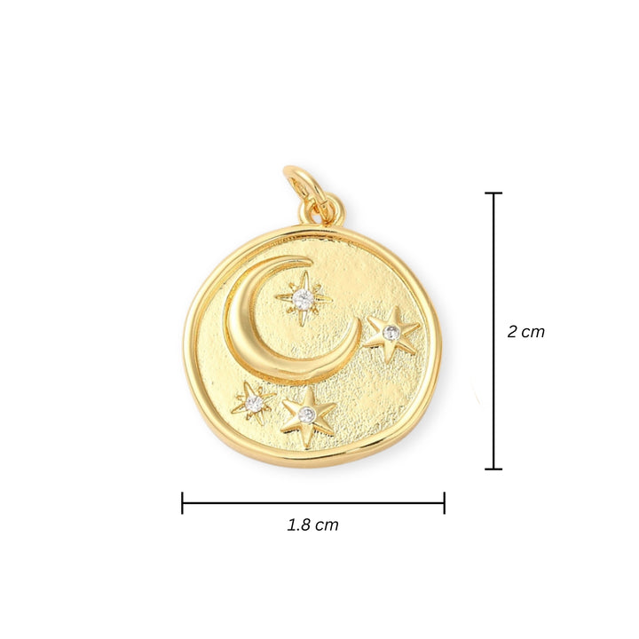 Medidas para Dije circular de luna y estrellas de chapa de oro con zirconia