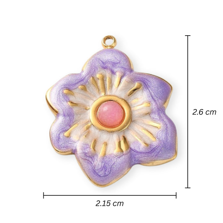 Medidas para Dije en forma de flor morada de acero inoxidable esmaltado