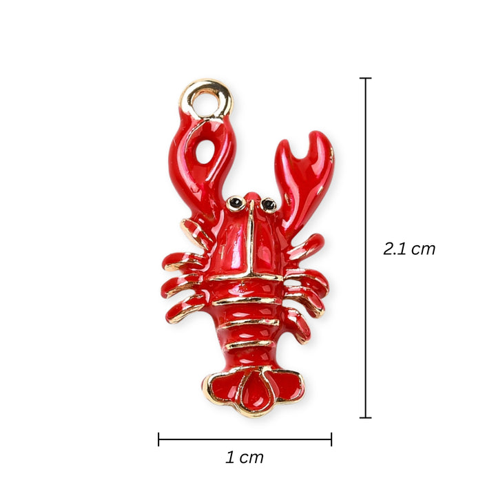 Medidas para Dije de langosta de chapa de oro esmaltado en rojo sobre fondo blanco