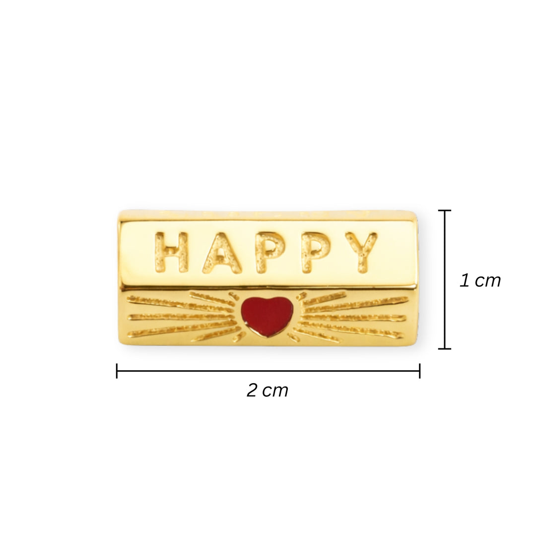 Medidas para Separador de chapa de oro con grabado "Happy", "Lucky" y corazón rojo esmaltado sobre fondo blanco