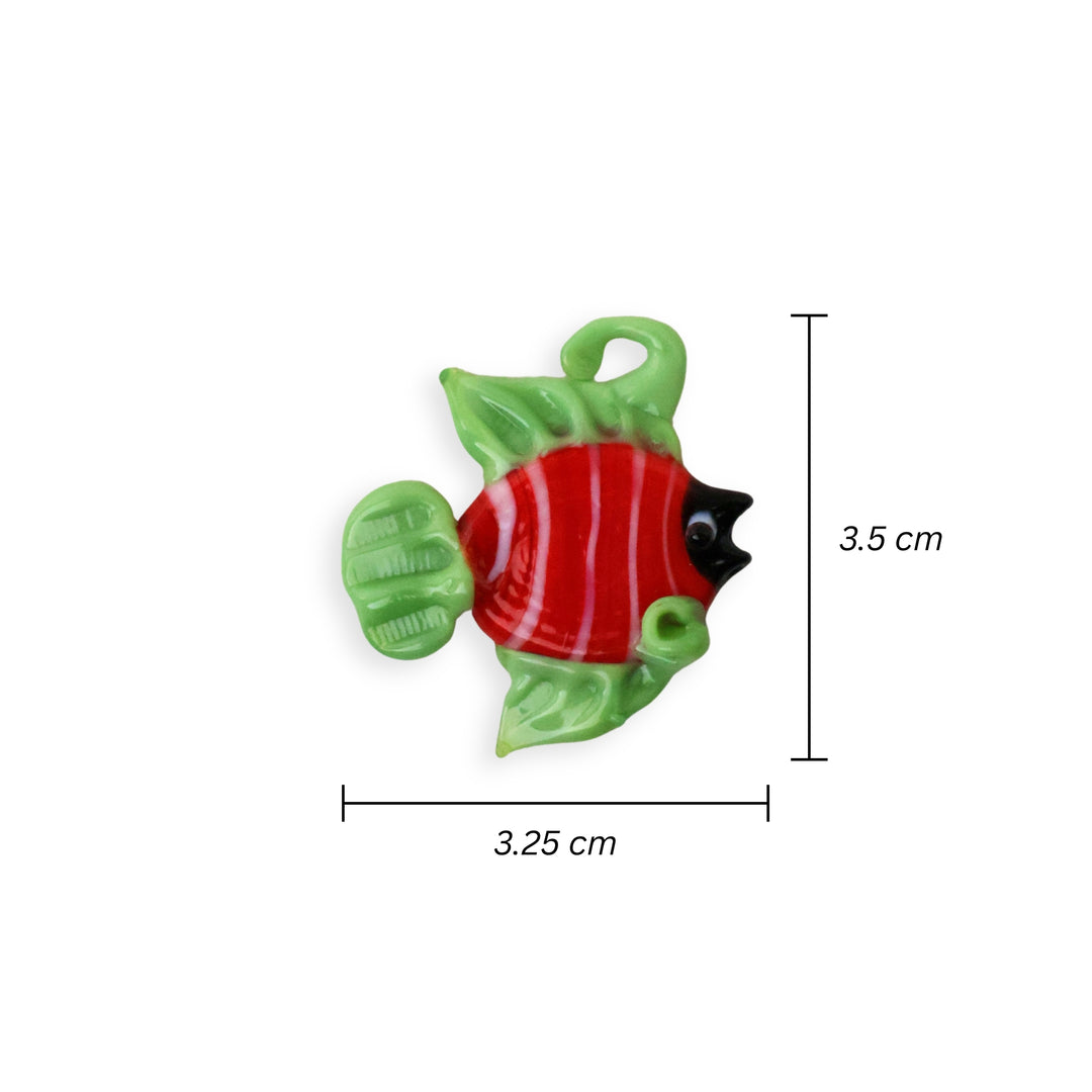 Medidas para dije de murano con forma de pez color rojo y verde con rayas blancas