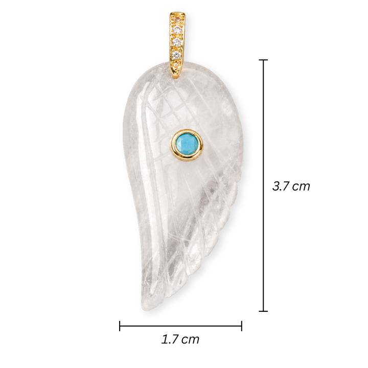 Medidas para Dije en forma de ala de ángel de cuarzo natural