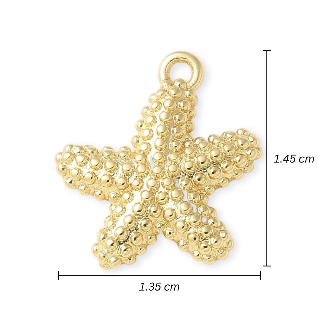 Medidas para Dije de estrella de mar en chapa de oro con textura de puntos sobre fondo blanco