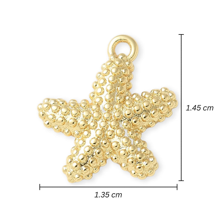 Medidas para Dije de estrella de mar en chapa de oro con textura de puntos sobre fondo blanco