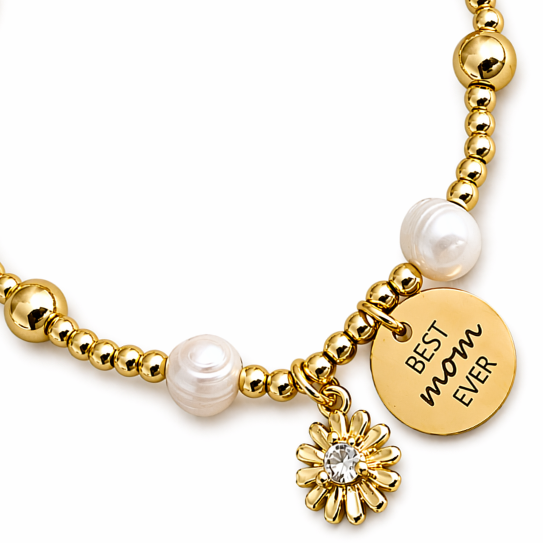 Detalles de Brazalete para mamá con perla de río, flor con zirconia y dije Best Mom Ever de acero inoxidable