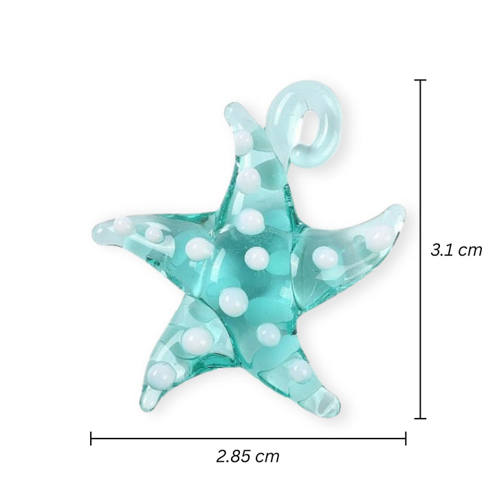 Medidas para Dije de murano en forma de estrella de mar color turquesa con puntos blancos