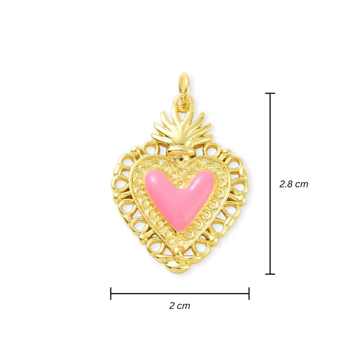 Medidas para Dije de corazón de chapa de oro cubierto con esmalte color rosa
