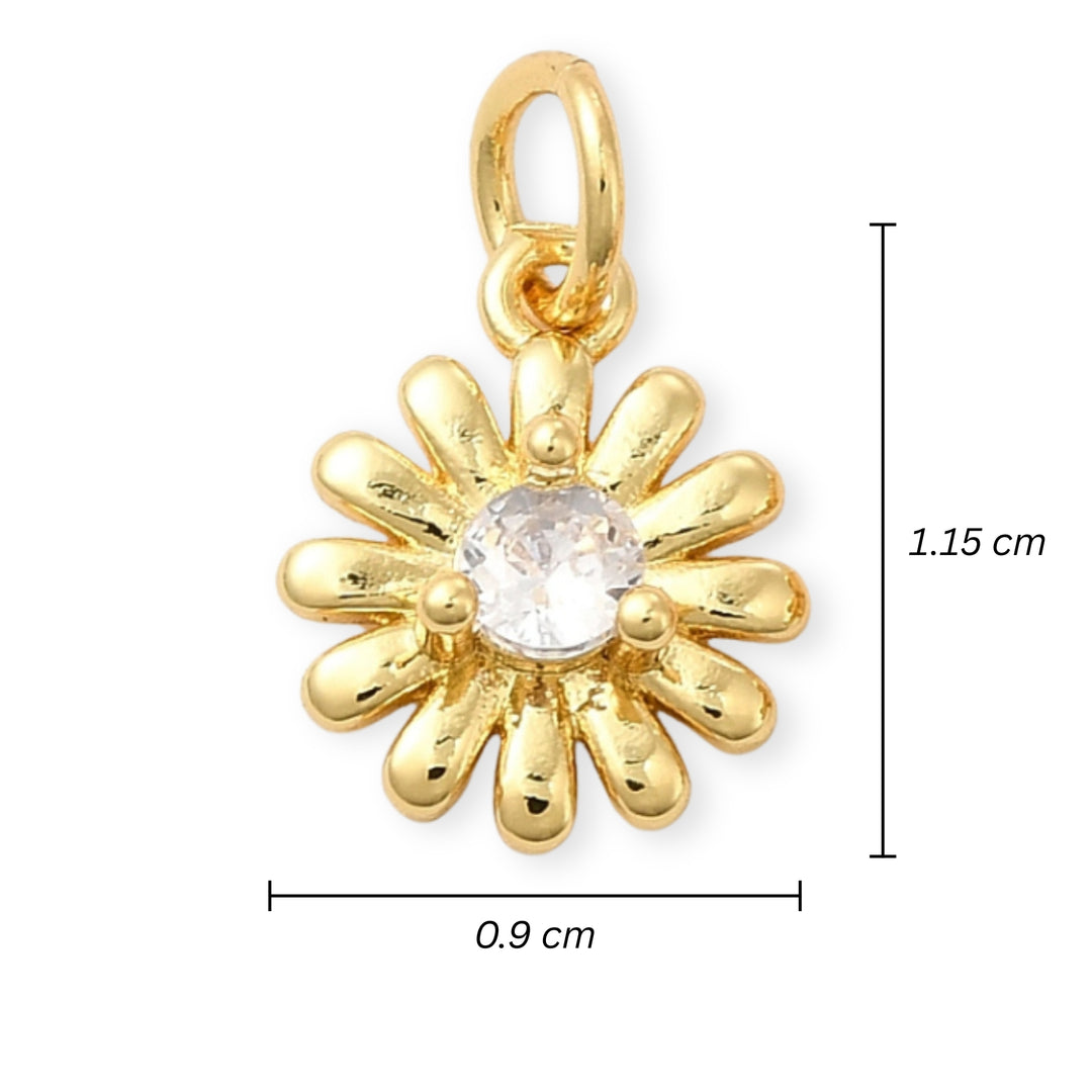 Medidas para Dije dorado en forma de flor con zirconia brillante al centro