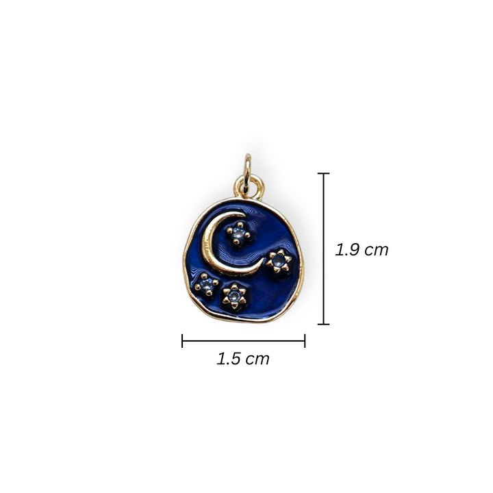Medidas para dije circular con luna y estrellas en chapa de oro, zirconia y esmaltado