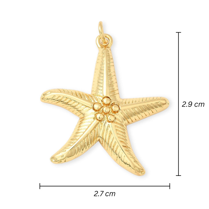 Medidas para dije en forma de estrella de mar dorada con detalle de bolitas en el centro
