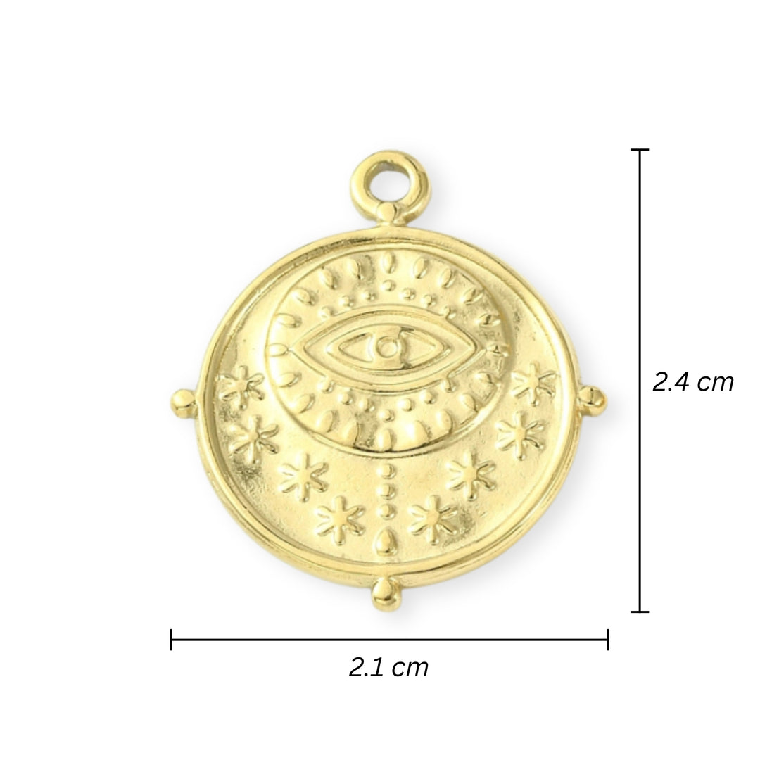 Medidas para Dije circular de ojo de acero inoxidable con detalles de estrellas