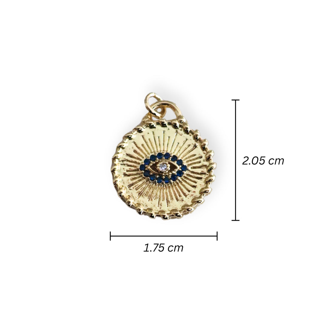 Medidas para dije circular dorado con ojo turco y zirconias en chapa de oro