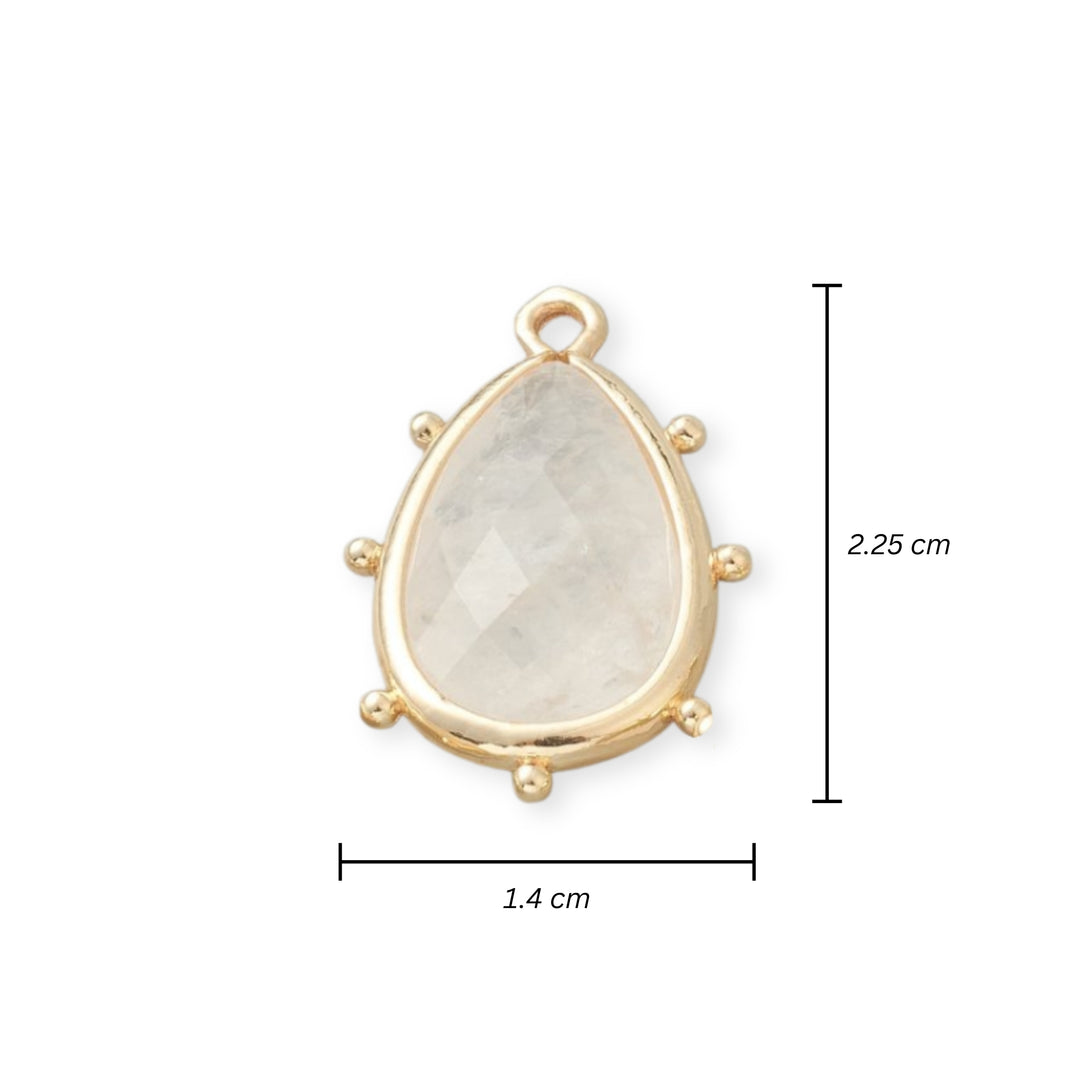 Medidas para Dije en forma de gota de cuarzo natural con base de chapa de oro 