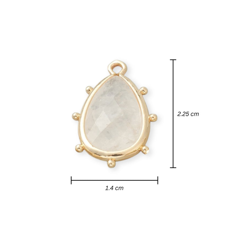 Medidas para Dije en forma de gota de cuarzo natural con base de chapa de oro 