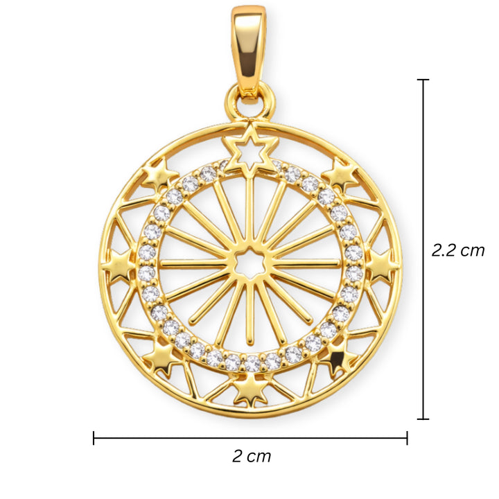 Medidas para Dije circular de sol de chapa de oro con zirconia