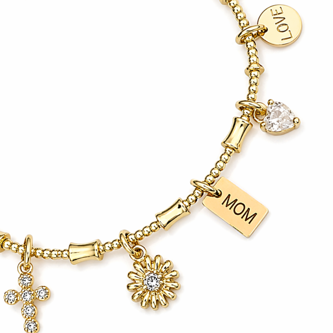 Detalles de Brazalete para mamá con dijes MOM, LOVE, cruz, flor y corazón con zirconia de chapa de oro