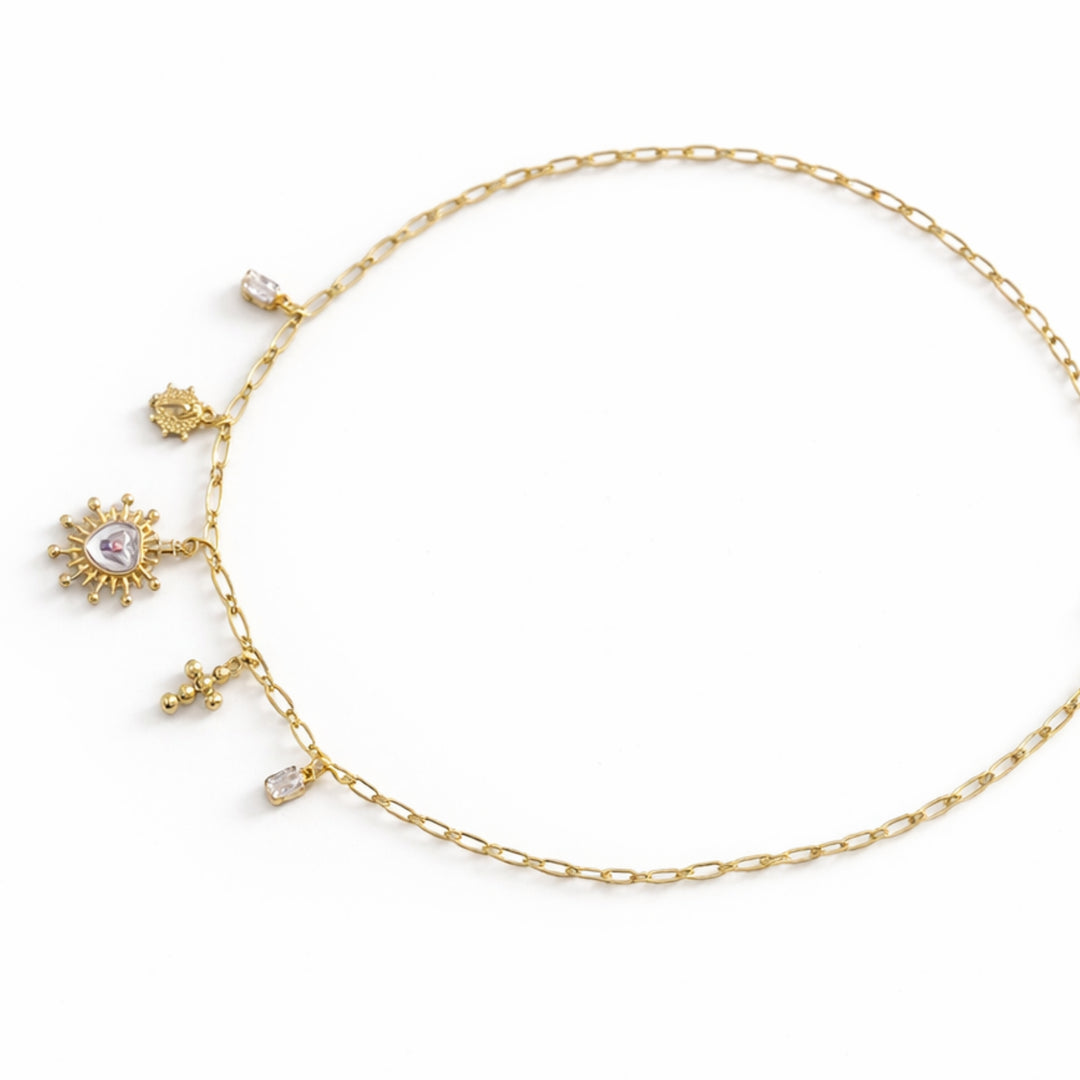 Detalles de Collar religioso de chapa de oro con Virgen, cruz y dije ovalado con zirconia