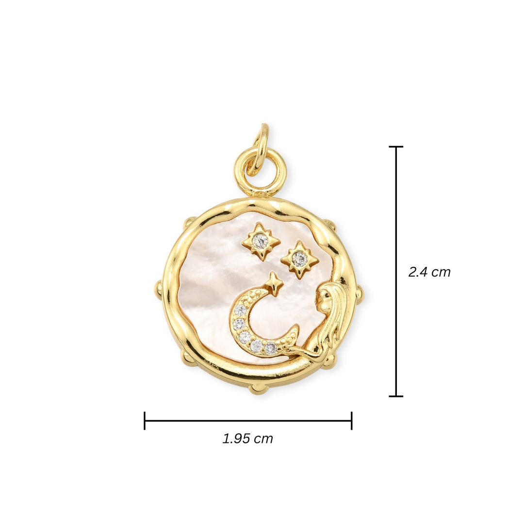 Medidas para Dije circular de luna y estrellas de chapa de oro con zirconia y esmalte