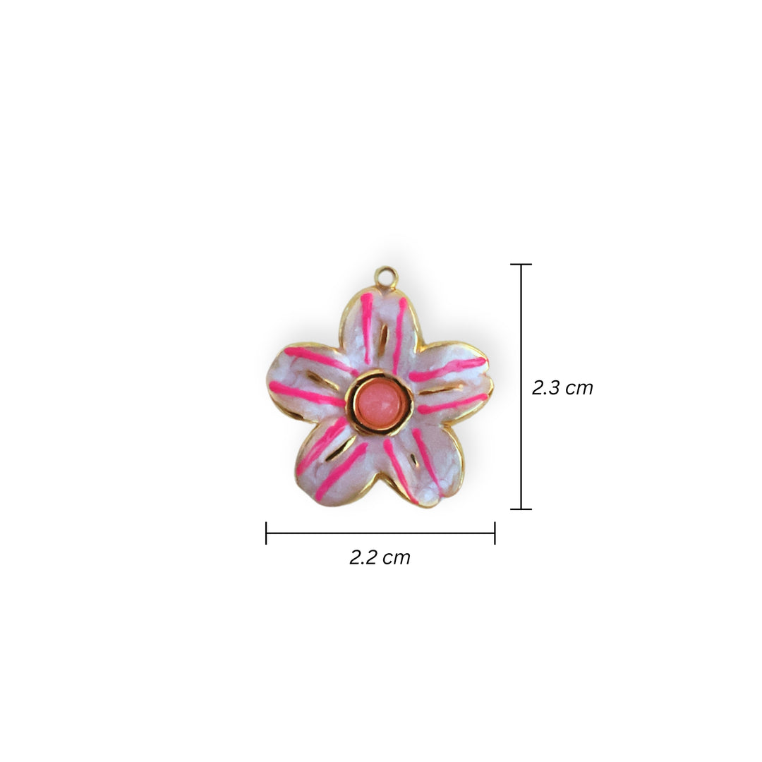 Medida para dije en forma de flor de acero inoxidable con esmalte rosa