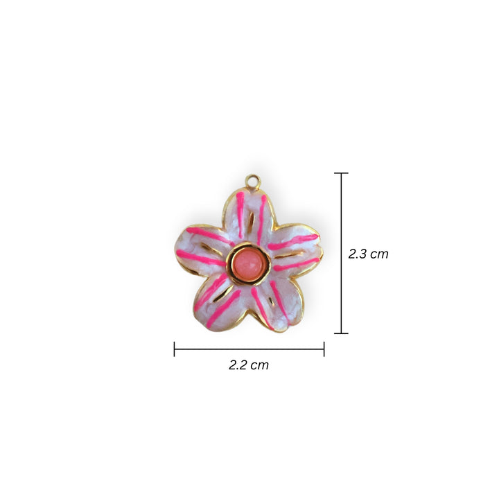 Medida para dije en forma de flor de acero inoxidable con esmalte rosa