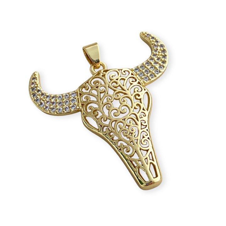 Detalles de Dije de cabeza de toro de chapa de oro con zirconia en los cuernos