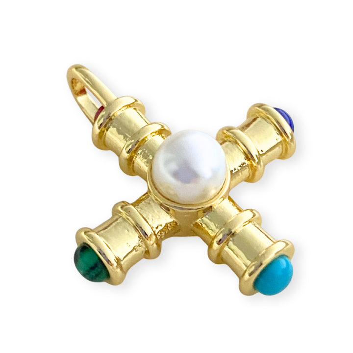 Detalles de Dije de cruz de chapa de oro con perla sintética al centro