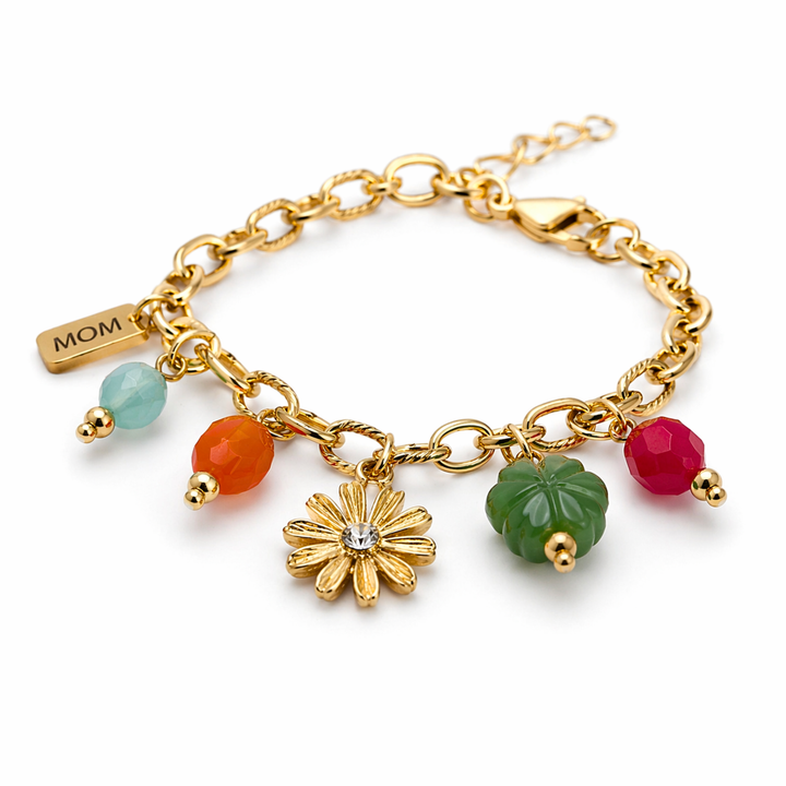 Detalles de Brazalete de mamá con jade, ágata, flor con zirconia y dije MOM de acero inoxidable