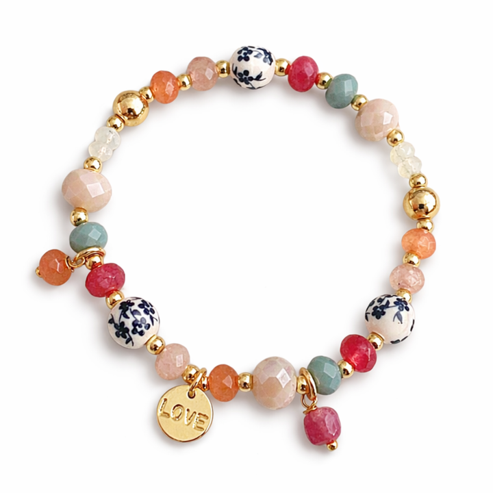 Detalles de Brazalete elástico con cerámica, jade, cristal y separadores de chapa de oro