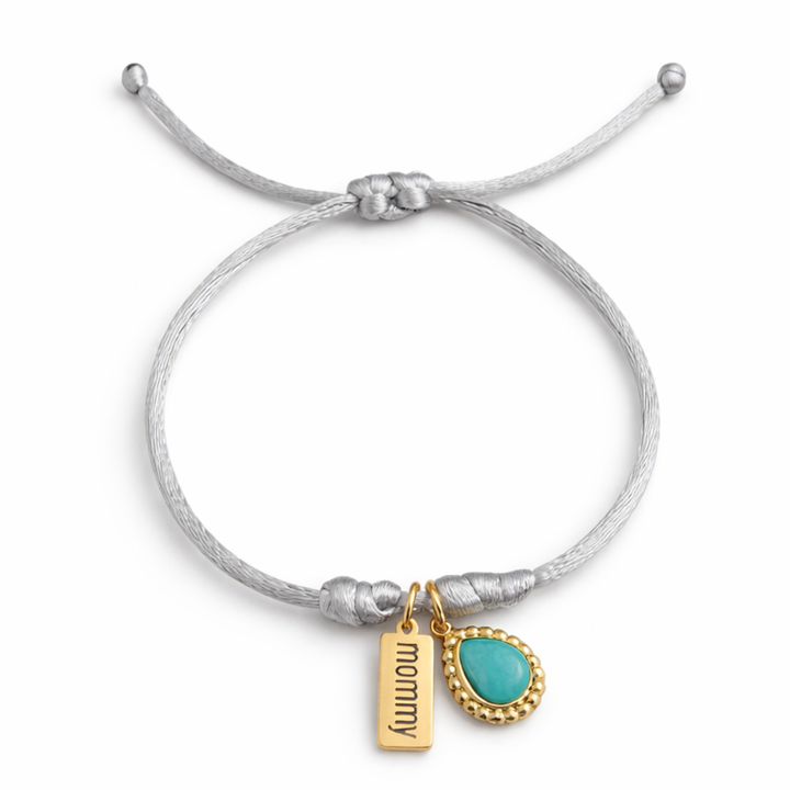 Detalles de Pulsera Bisel ajustable de cordón con dije Mommy y gota de turquesita