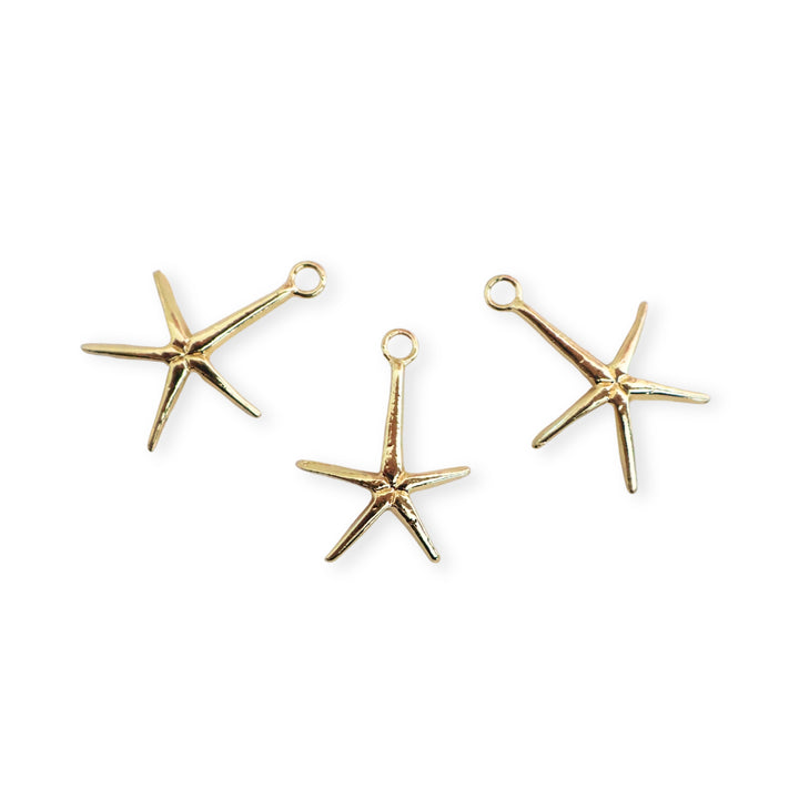 Detalle de dijes de estrella de mar dorada en fondo blanco