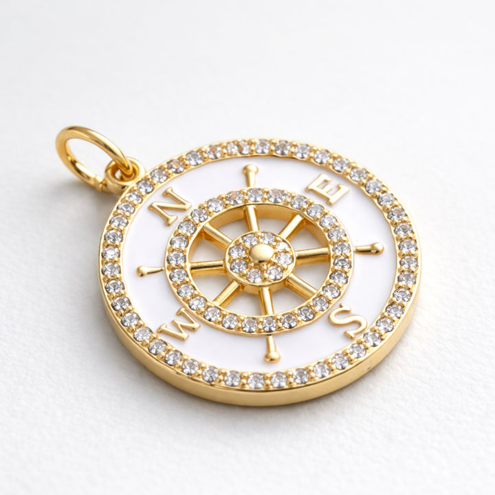 Detalles de Dije circular de brújula de chapa de oro con zirconia y esmalte