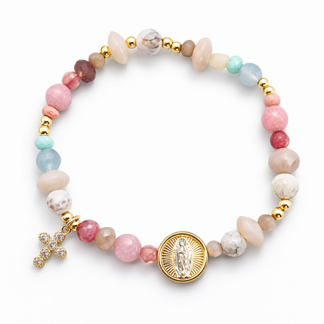 Detalles de Brazalete religioso con cruz de zirconia y Virgen de chapa de oro