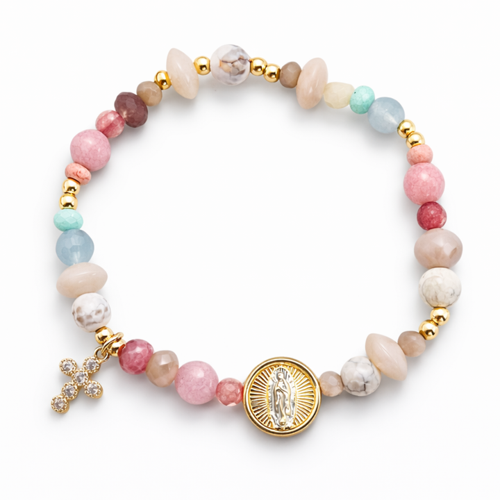 Detalles de Brazalete religioso con cruz de zirconia y Virgen de chapa de oro