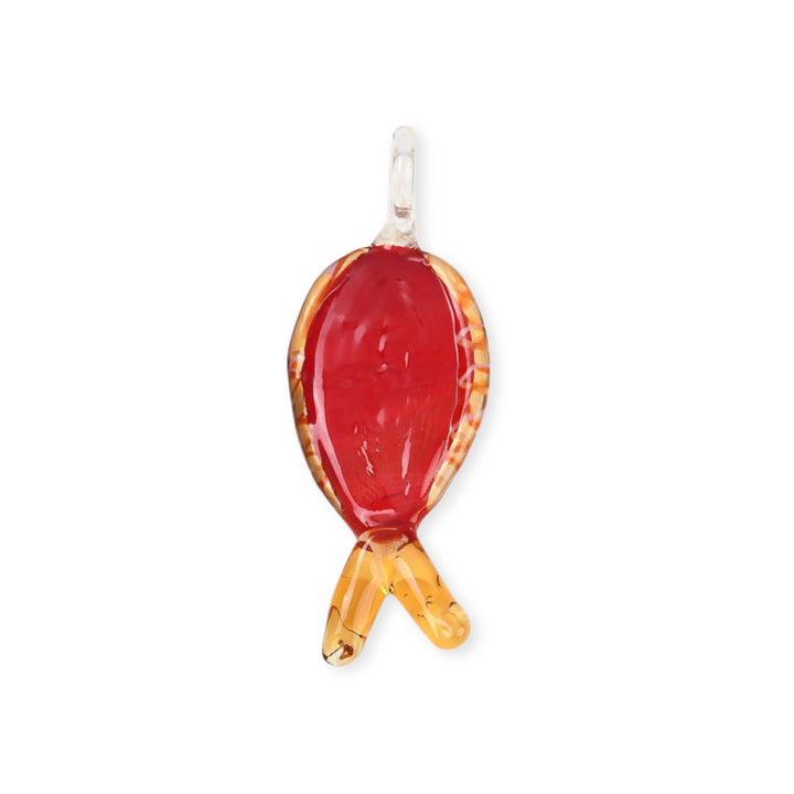 Detalles de Dije grande de murano en forma de pez rojo con puntos negros y rayas blancas