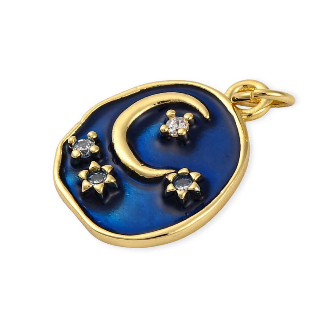 Detalles de Dije circular con luna y estrellas en chapa de oro, zirconia y esmaltado