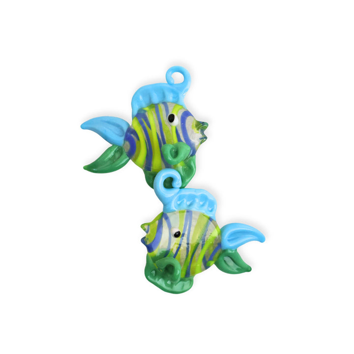 Detalles para dijes de murano en forma de pez azul cielo con verde y rayas decorativas