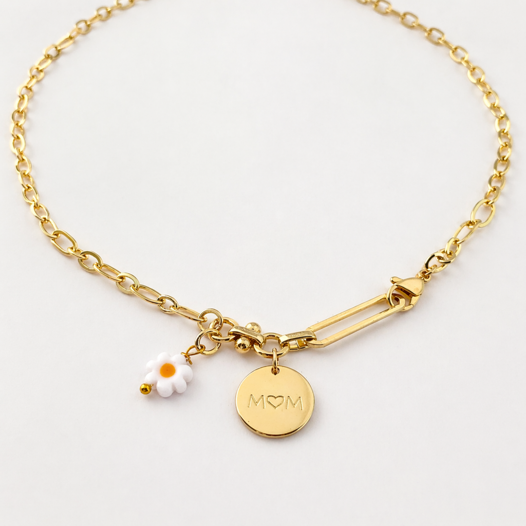 Detalles de Collar para mamá con flor de resina y dije MOM de acero inoxidable