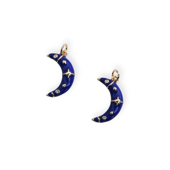 Detalles de dije luna en chapa de oro esmaltado con zirconias brillantes