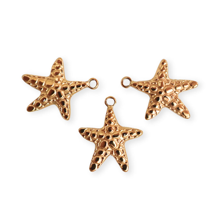 Detalle de dijes en forma de estrella de mar de acero inoxidable sobre fondo blanco