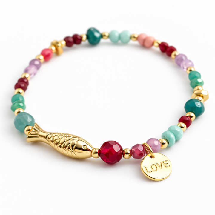 Detalles de Brazalete marino con pez de chapa de oro, piedras naturales, cristal y dije Love