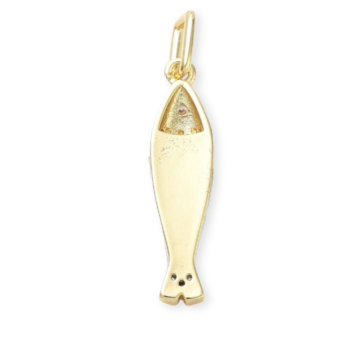 Detalles de Dije de pez de chapa de oro con zirconia y esmalte 