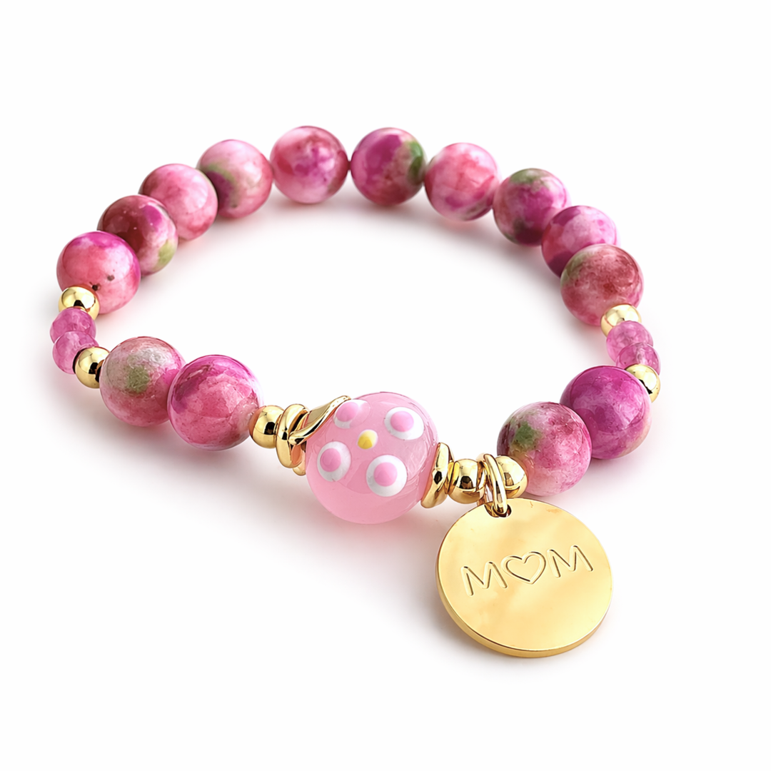 Detalles de Brazalete para mamá con murano, jade, separadores de chapa de oro y dije MOM de acero inoxidable