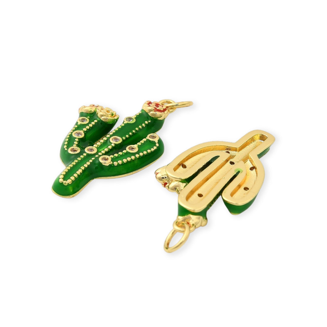 Detalles de Dije en forma de cactus verde con zirconia de chapa de oro esmaltado